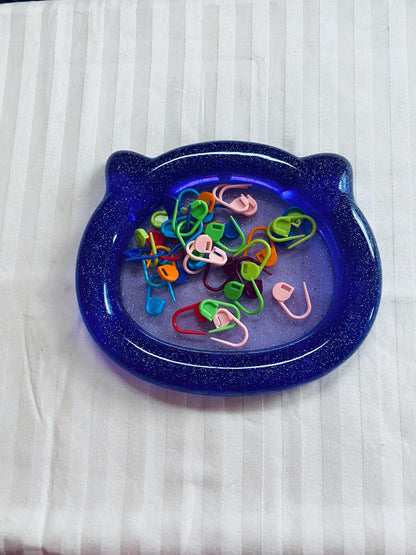 handmade resin purple cat head trinket tray with fine glitter