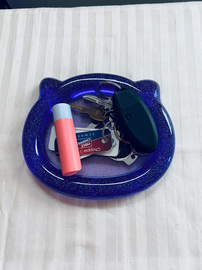 handmade resin purple cat head trinket tray with fine glitter