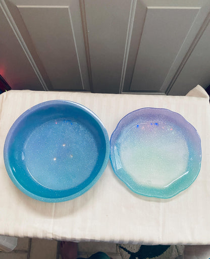 One of a kind hand-crafted teal, blue, and purple resin succulent garden bowl