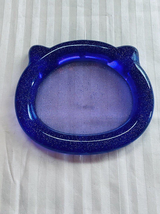 handmade resin purple cat head trinket tray with fine glitter