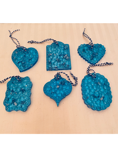 Textured Resin Ornaments - Blue and Silver - Set of Six