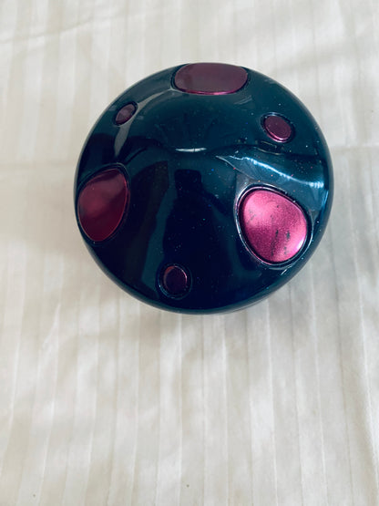 Navy and Pink mushroom-shaped pot with lid.