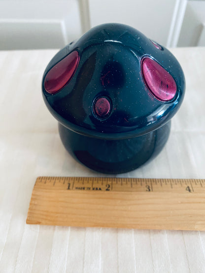 Navy and Pink mushroom-shaped pot with lid.
