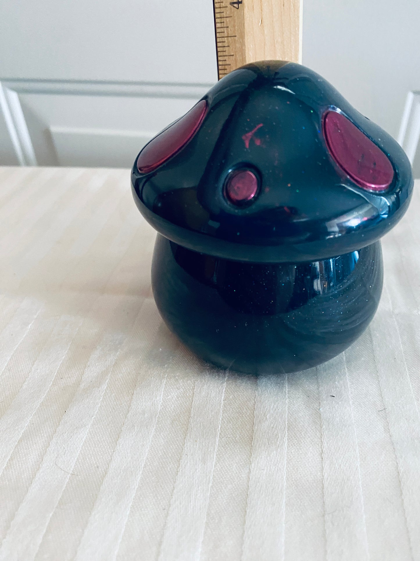 Navy and Pink mushroom-shaped pot with lid.