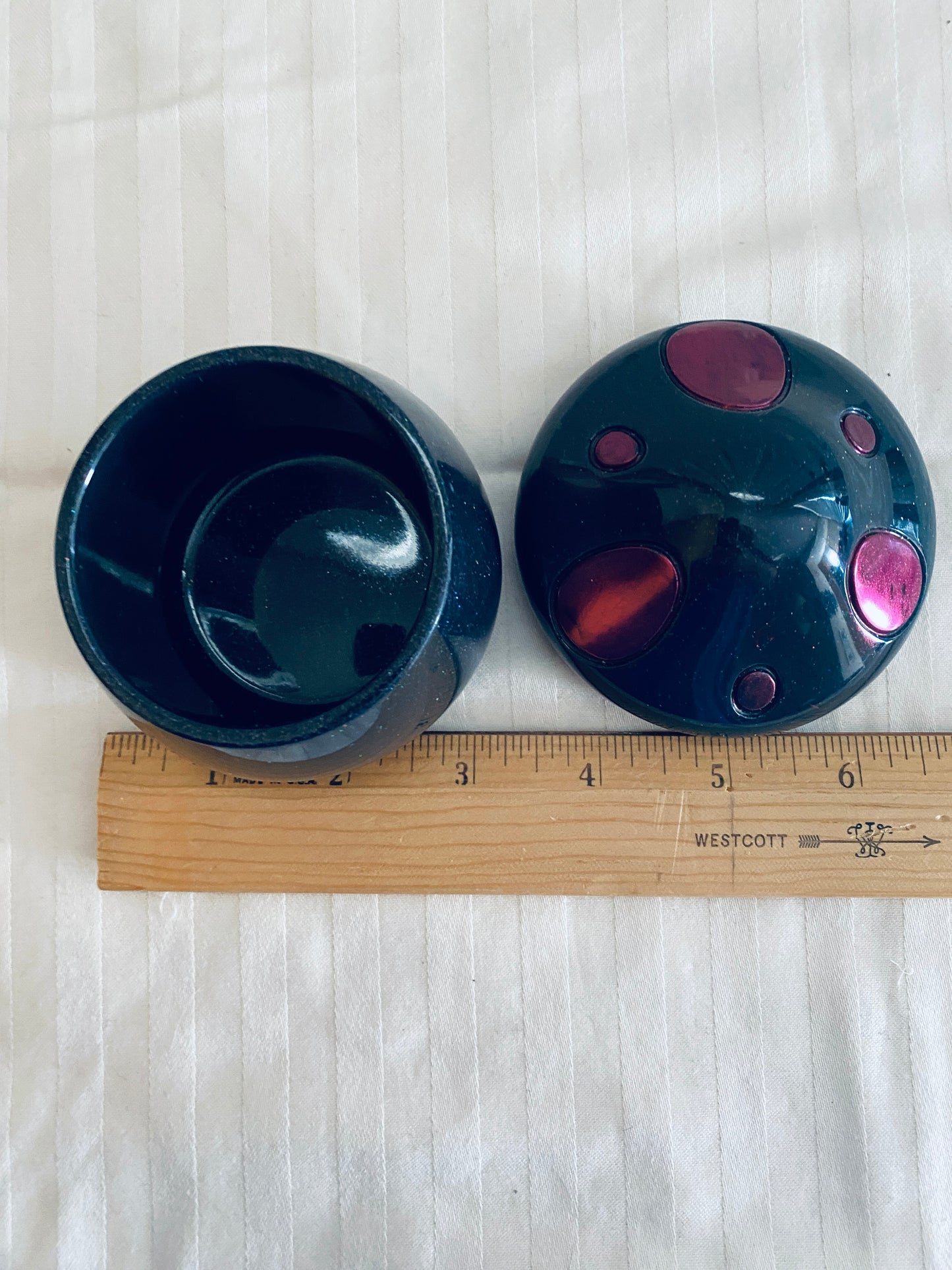 Navy and Pink mushroom-shaped pot with lid.