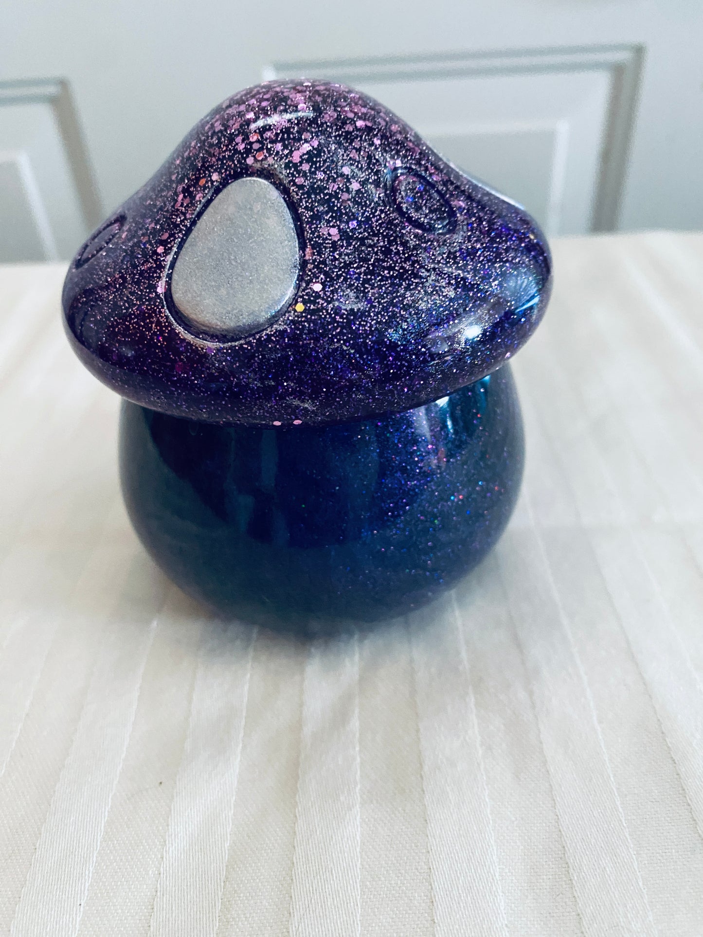 Purple and Silver mushroom-shaped pot with lid.