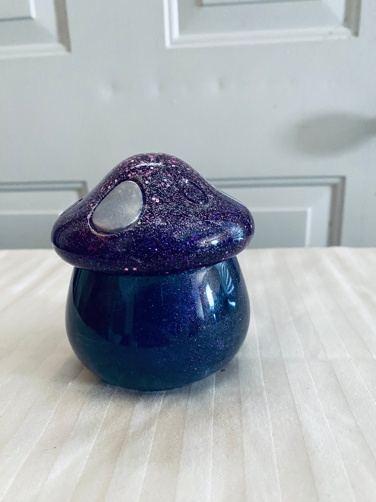 Purple and Silver mushroom-shaped pot with lid.
