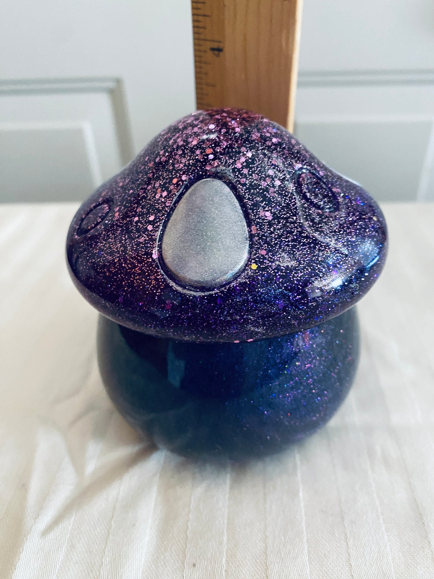 Purple and Silver mushroom-shaped pot with lid.