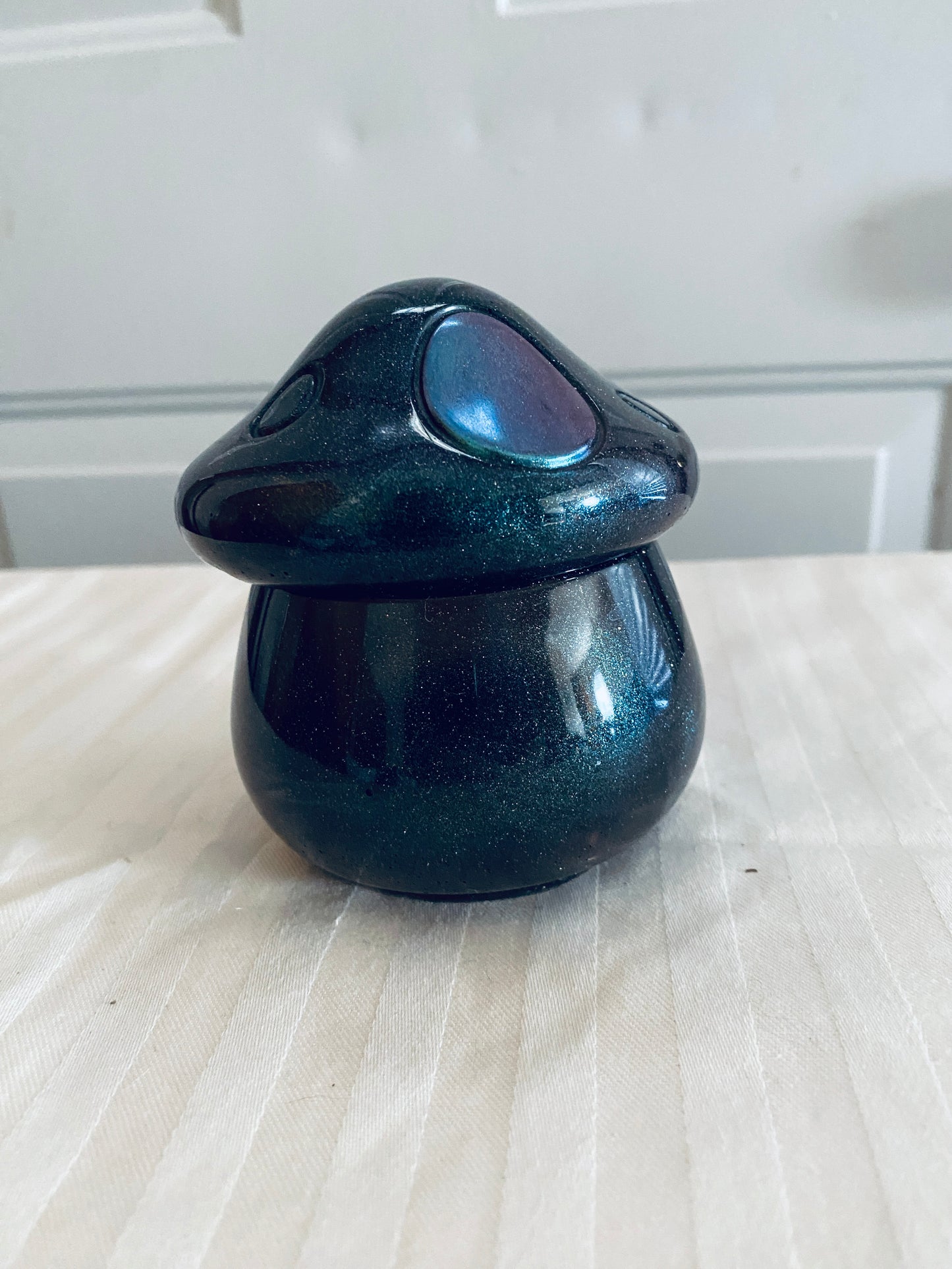Dark Green mushroom-shaped pot with lid.