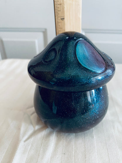 Dark Green mushroom-shaped pot with lid.