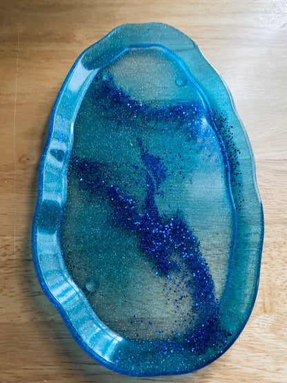 Blue Irregular-Edge Tray with glitter swirl