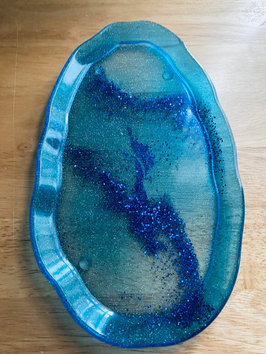 Blue Irregular-Edge Tray with glitter swirl