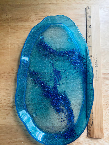 Blue Irregular-Edge Tray with glitter swirl