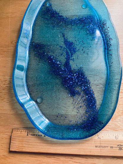 Blue Irregular-Edge Tray with glitter swirl