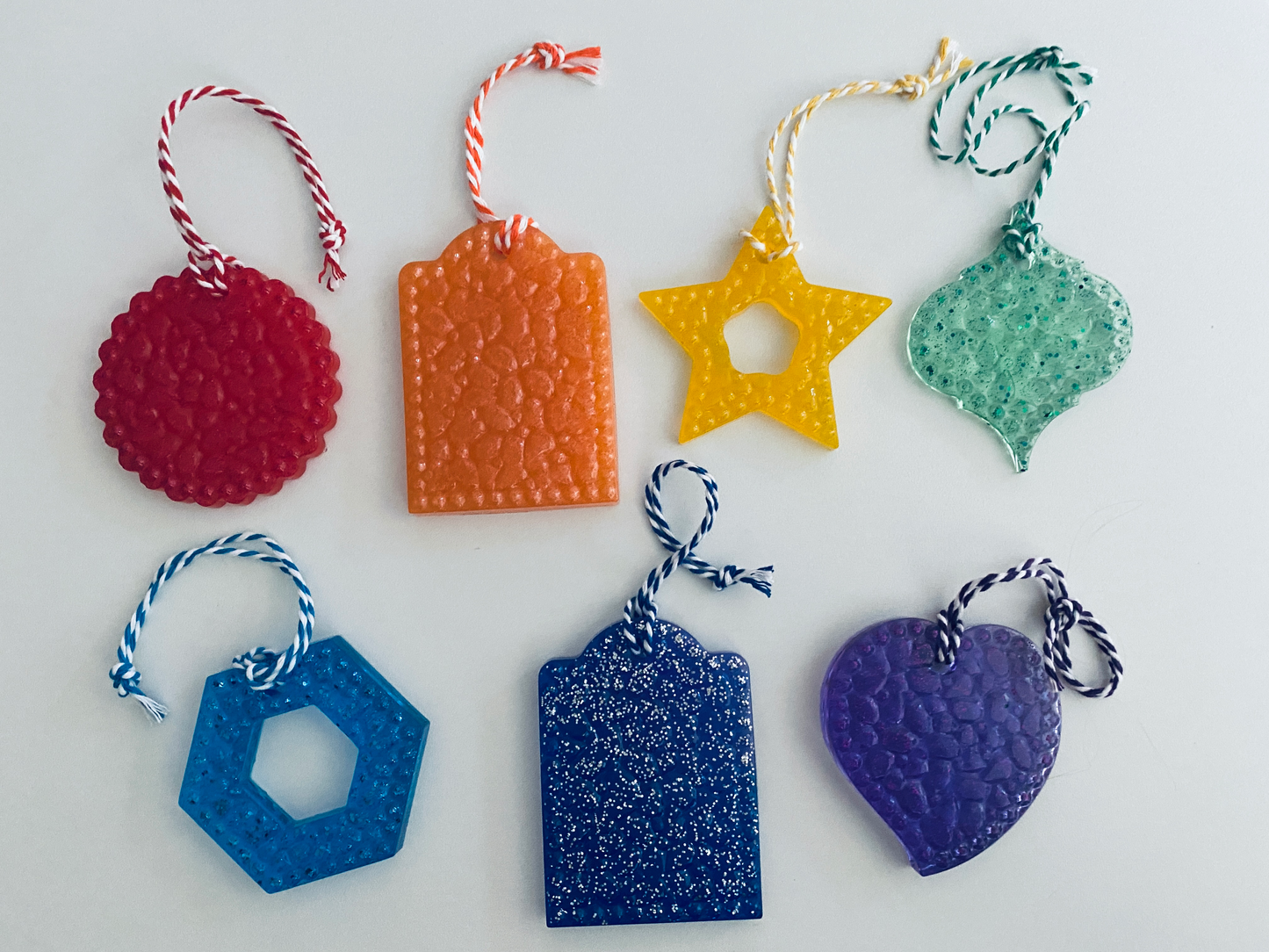 set of seven hand-poured textured resin ornaments in rainbow colors (3)