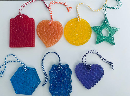 set of seven hand-poured textured resin ornaments in rainbow colors (2)