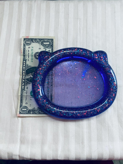 hand-crafted resin purple cat head trinket tray with chunky glitter