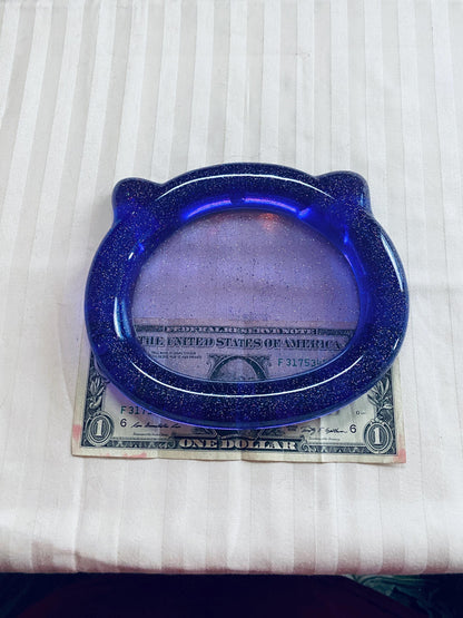 handmade resin purple cat head trinket tray with fine glitter