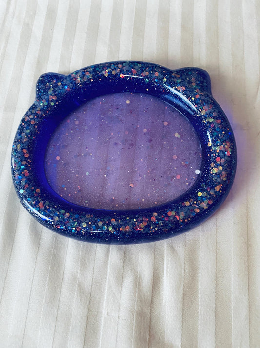 hand-crafted resin purple cat head trinket tray with chunky glitter