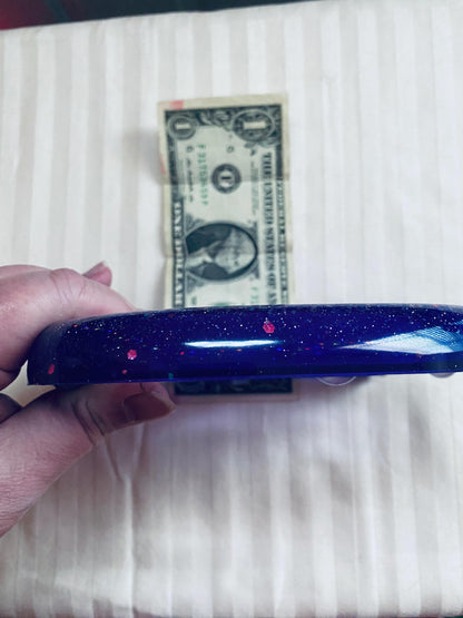 hand-crafted resin purple cat head trinket tray with chunky glitter