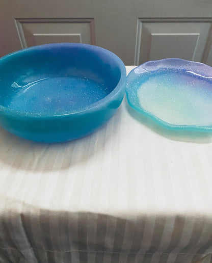 One of a kind hand-crafted teal, blue, and purple resin succulent garden bowl