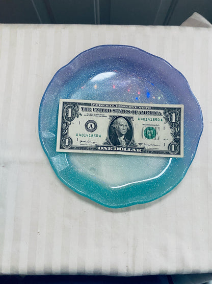 One of a kind hand-crafted teal, blue, and purple resin succulent garden bowl