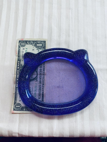 handmade resin purple cat head trinket tray with fine glitter