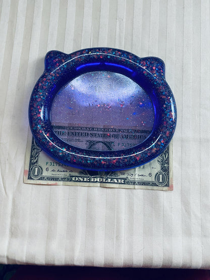 hand-crafted resin purple cat head trinket tray with chunky glitter
