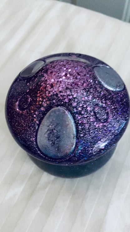 Purple and Silver mushroom-shaped pot with lid.