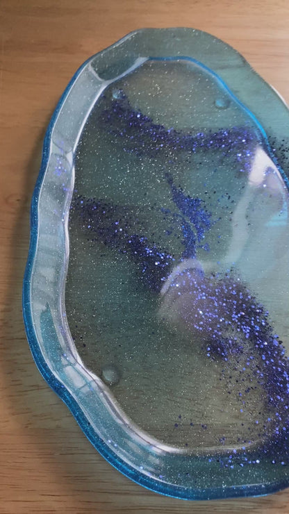 Blue Irregular-Edge Tray with glitter swirl